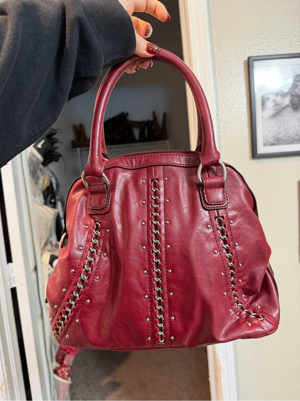 Vintage Nine West burgundy leather handbag with silver studs